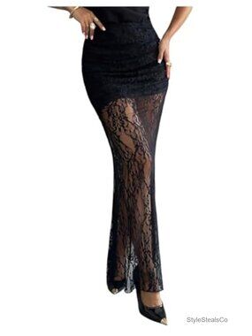 Sheer Lace Maxi Skirt See Through Bodycon High Rise Fishtail